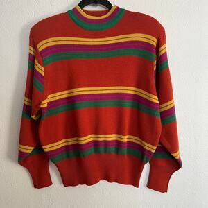 Vintage Xianmei Stripe Sweater Red Multi Mock Neck Ribbed Hem Long Sleeve Sz L